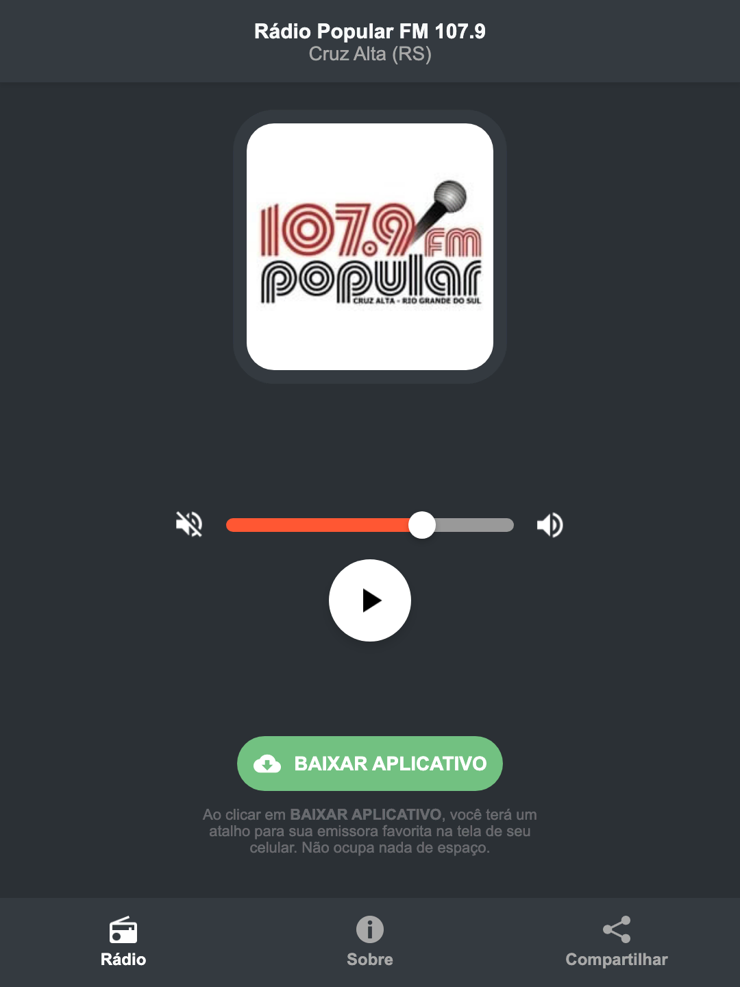 Screenshot do aplicativo da Rádio Popular FM 107.9