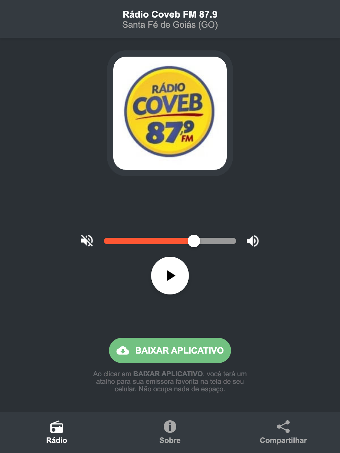 Screenshot do aplicativo da Rádio Coveb FM 87.9