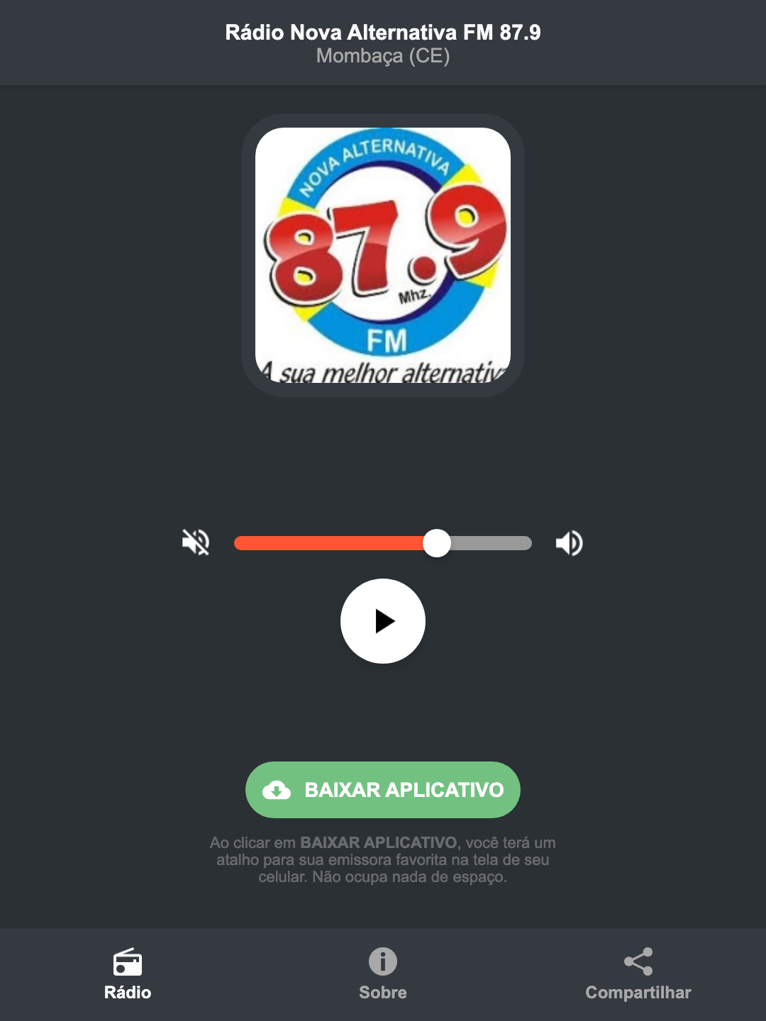 Screenshot do aplicativo da Rádio Nova Alternativa FM 87.9