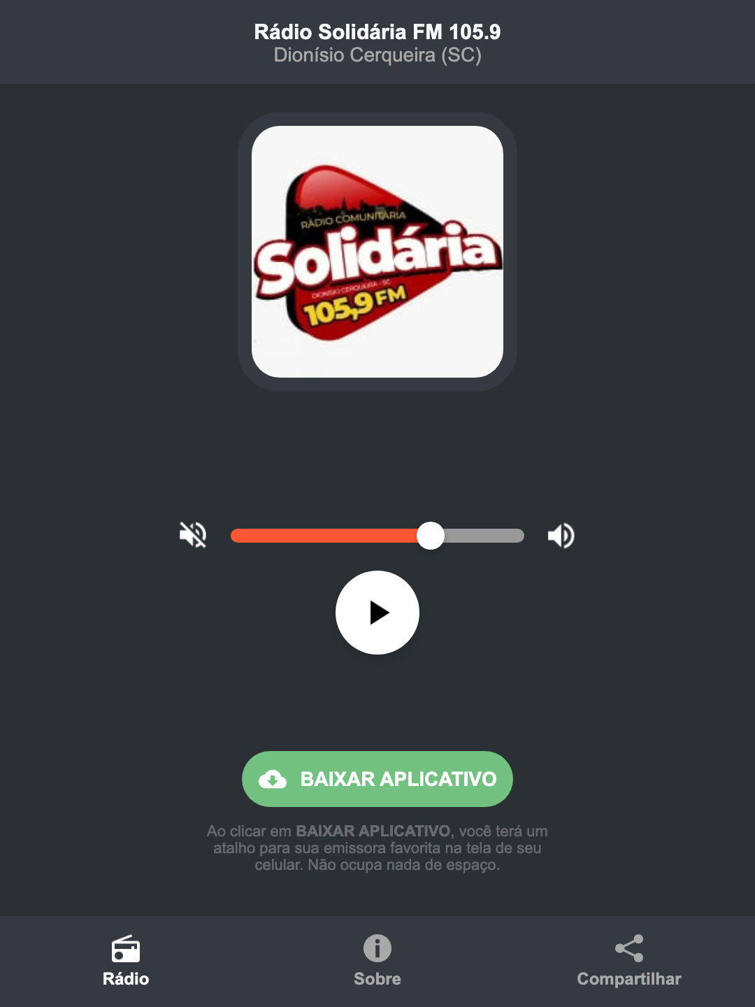 Screenshot do aplicativo da Rádio Solidária FM 105.9