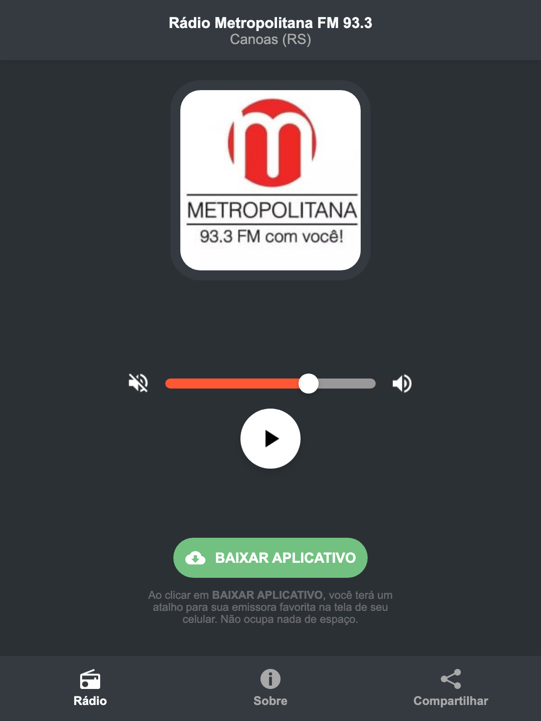 Screenshot do aplicativo da Rádio Metropolitana FM 93.3