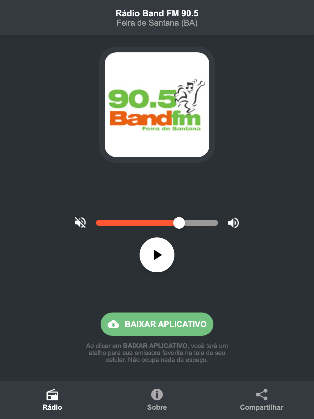 Screenshot do aplicativo da Rádio Band FM 90.5