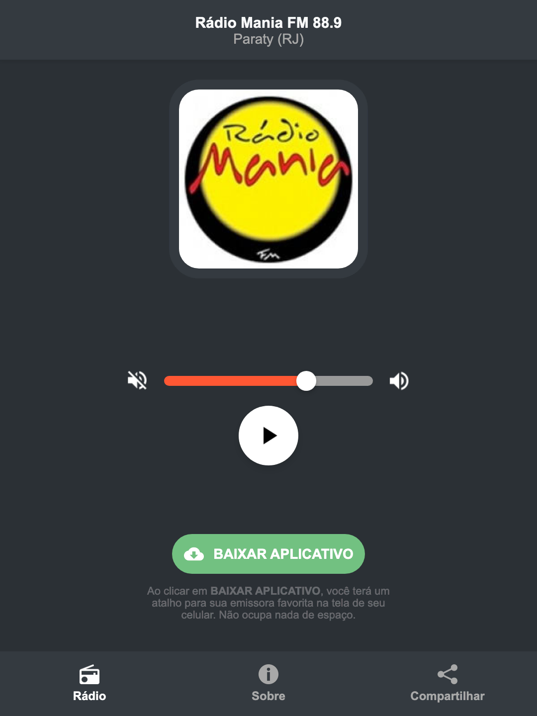 Screenshot do aplicativo da Rádio Mania FM 88.9