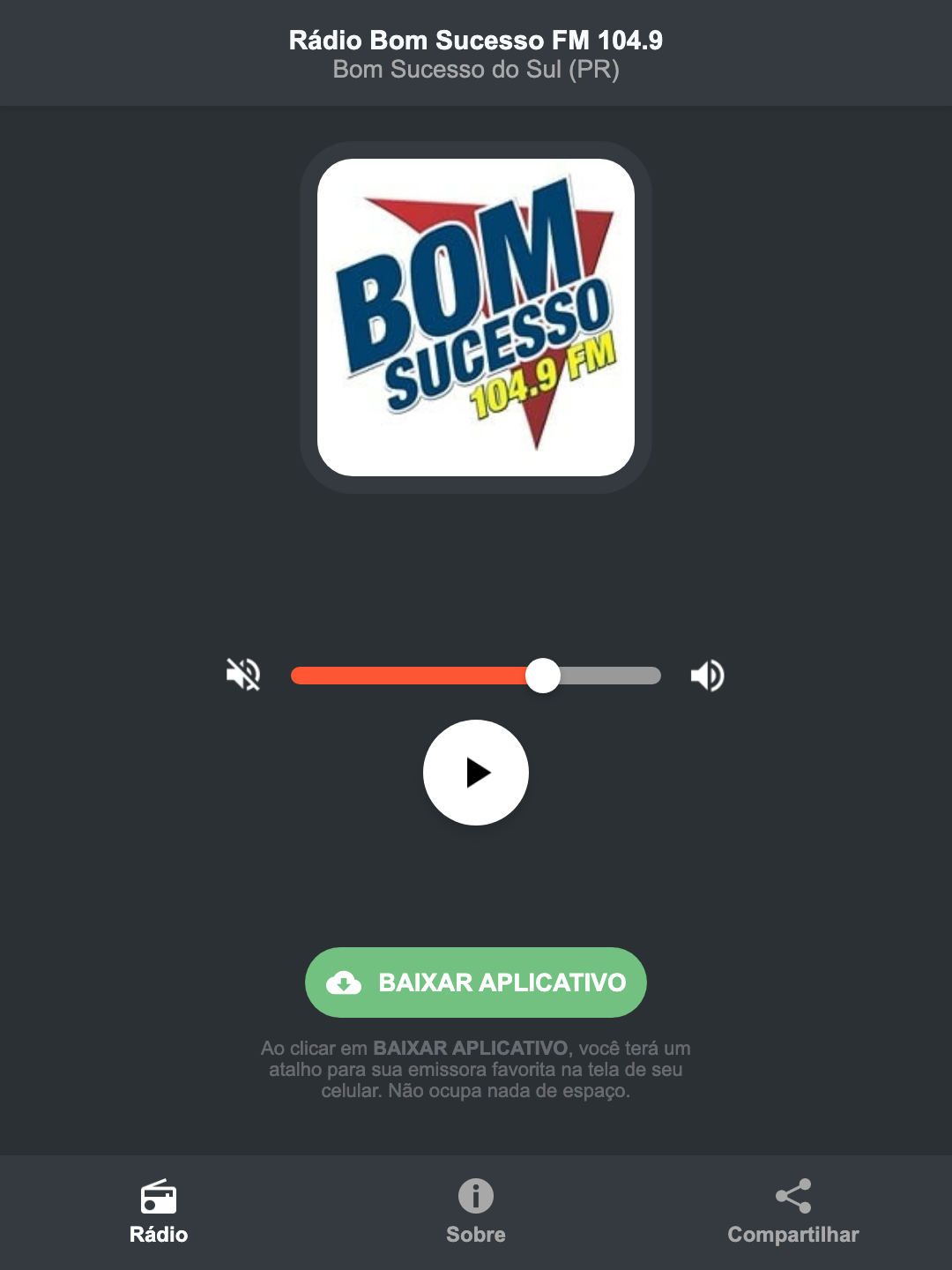 Screenshot do aplicativo da Rádio Bom Sucesso FM 104.9