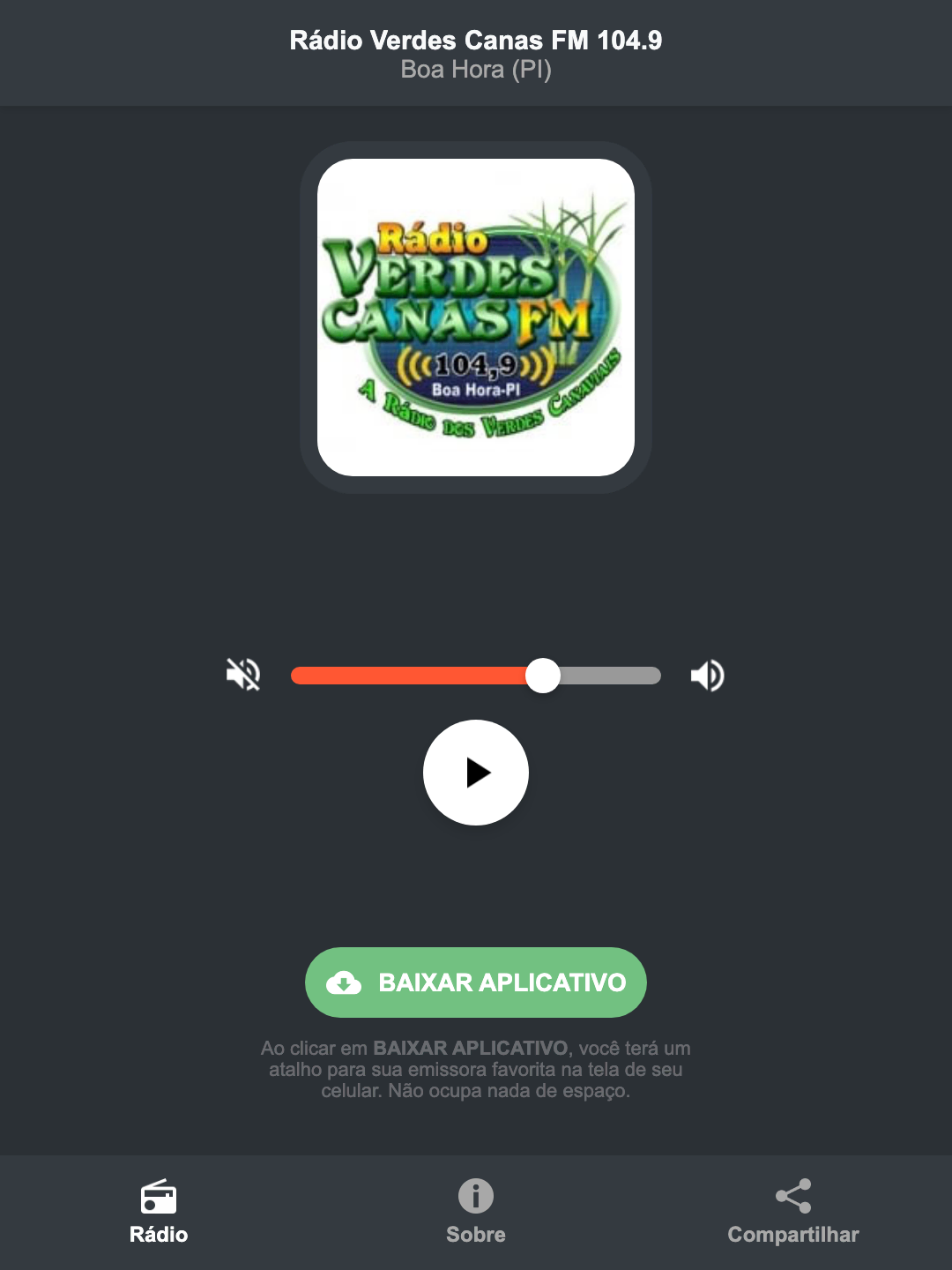 Screenshot do aplicativo da Rádio Verdes Canas FM 104.9