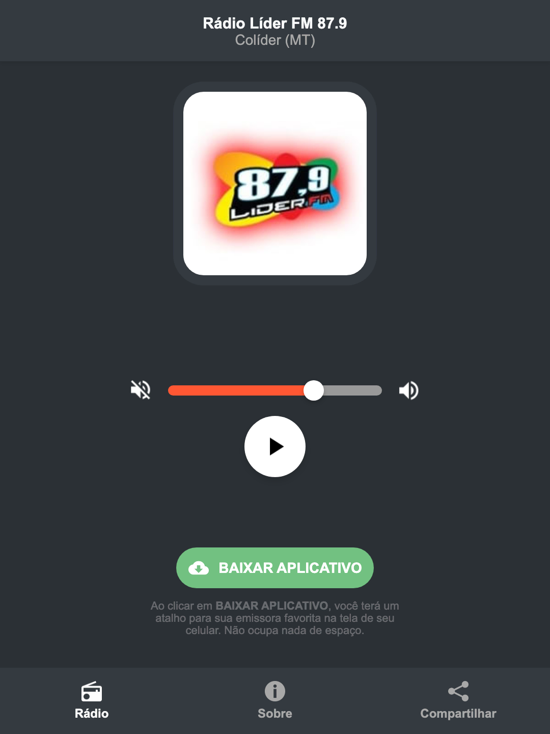 Screenshot do aplicativo da Rádio Líder FM 87.9