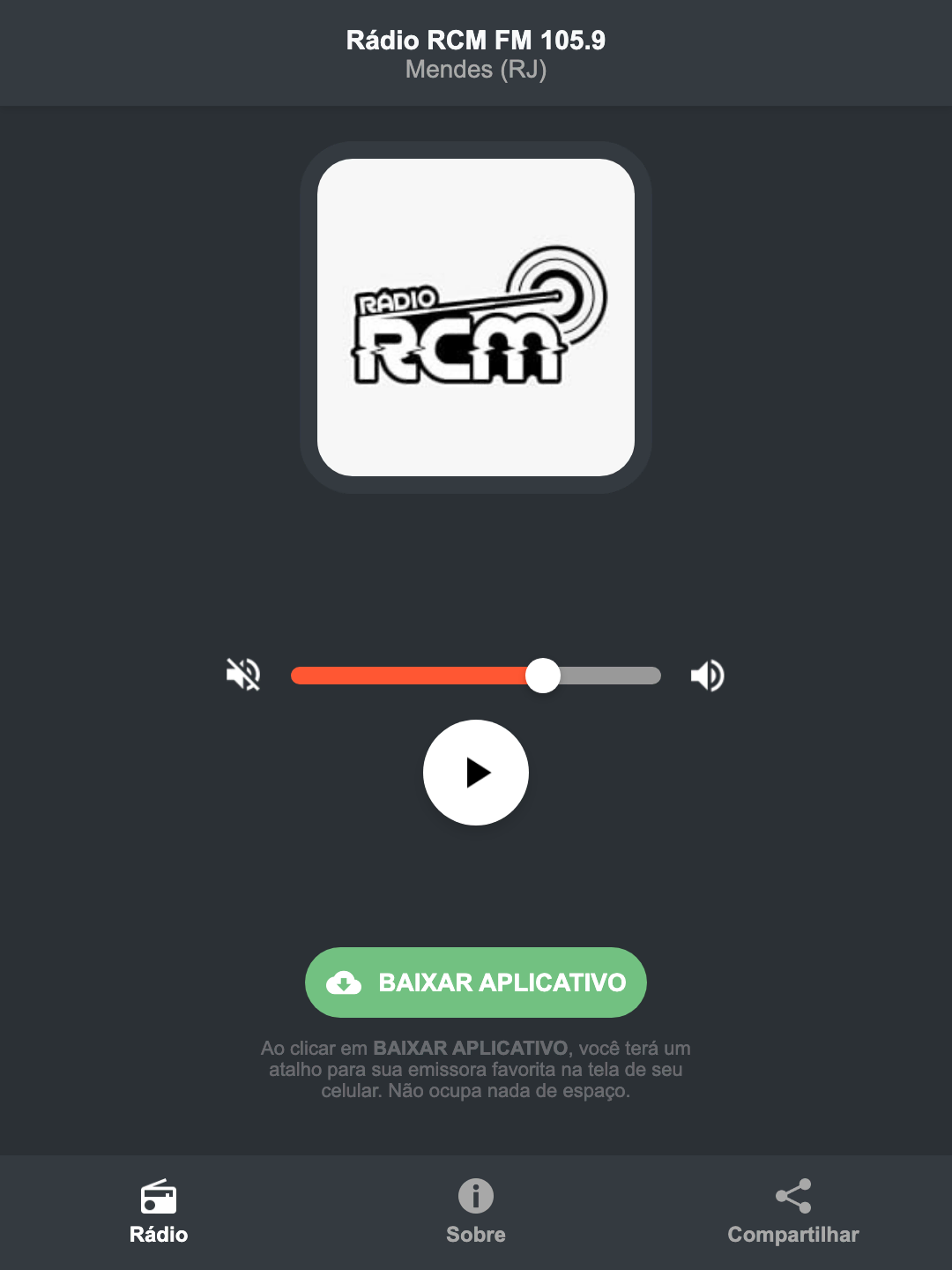 Screenshot do aplicativo da Rádio RCM FM 105.9