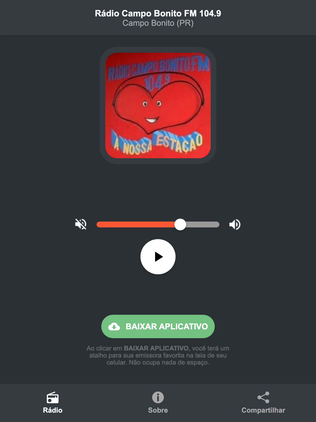 Screenshot do aplicativo da Rádio Campo Bonito FM 104.9
