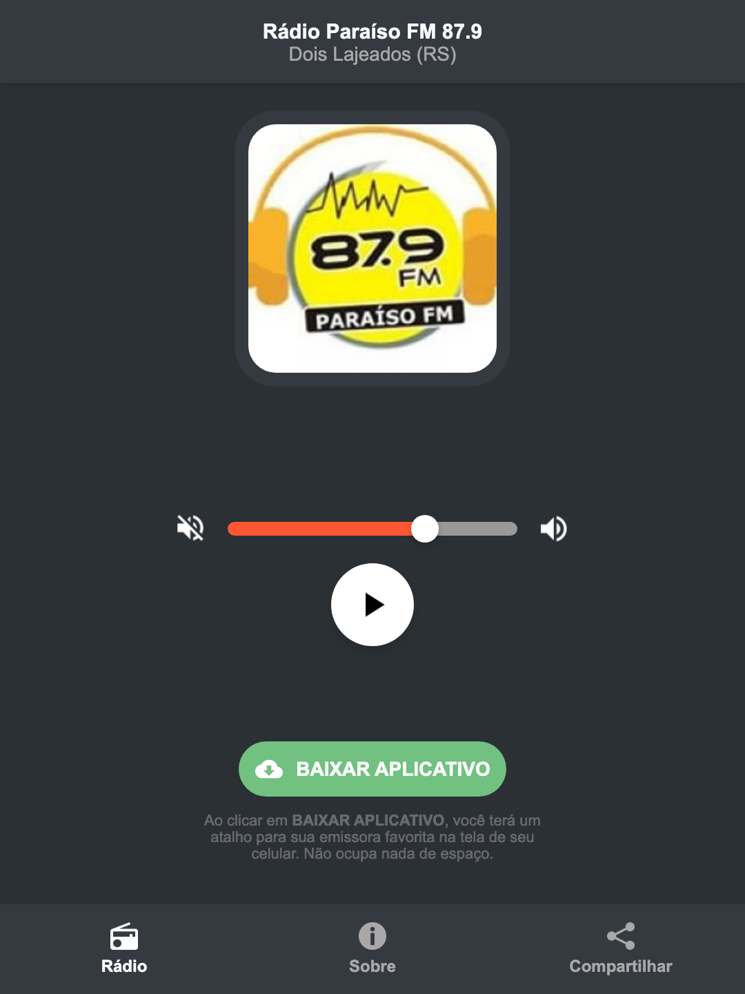 Screenshot do aplicativo da Rádio Paraíso FM 87.9