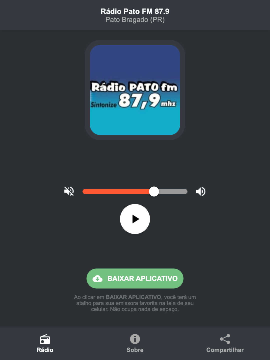 Screenshot do aplicativo da Rádio Pato FM 87.9
