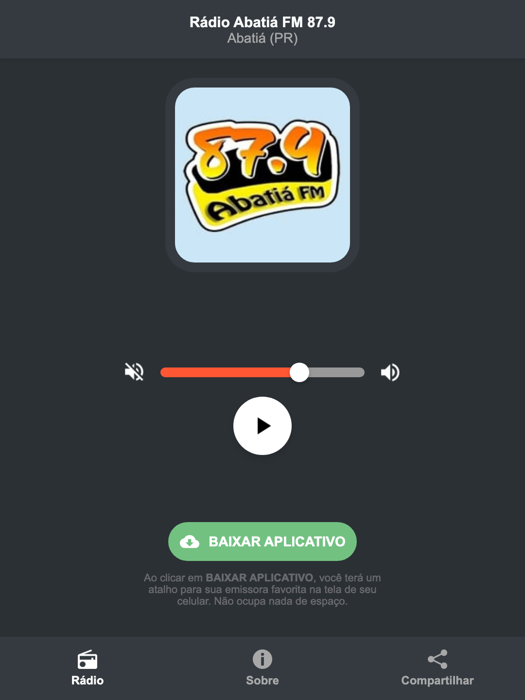 Screenshot do aplicativo da Rádio Abatiá FM 87.9