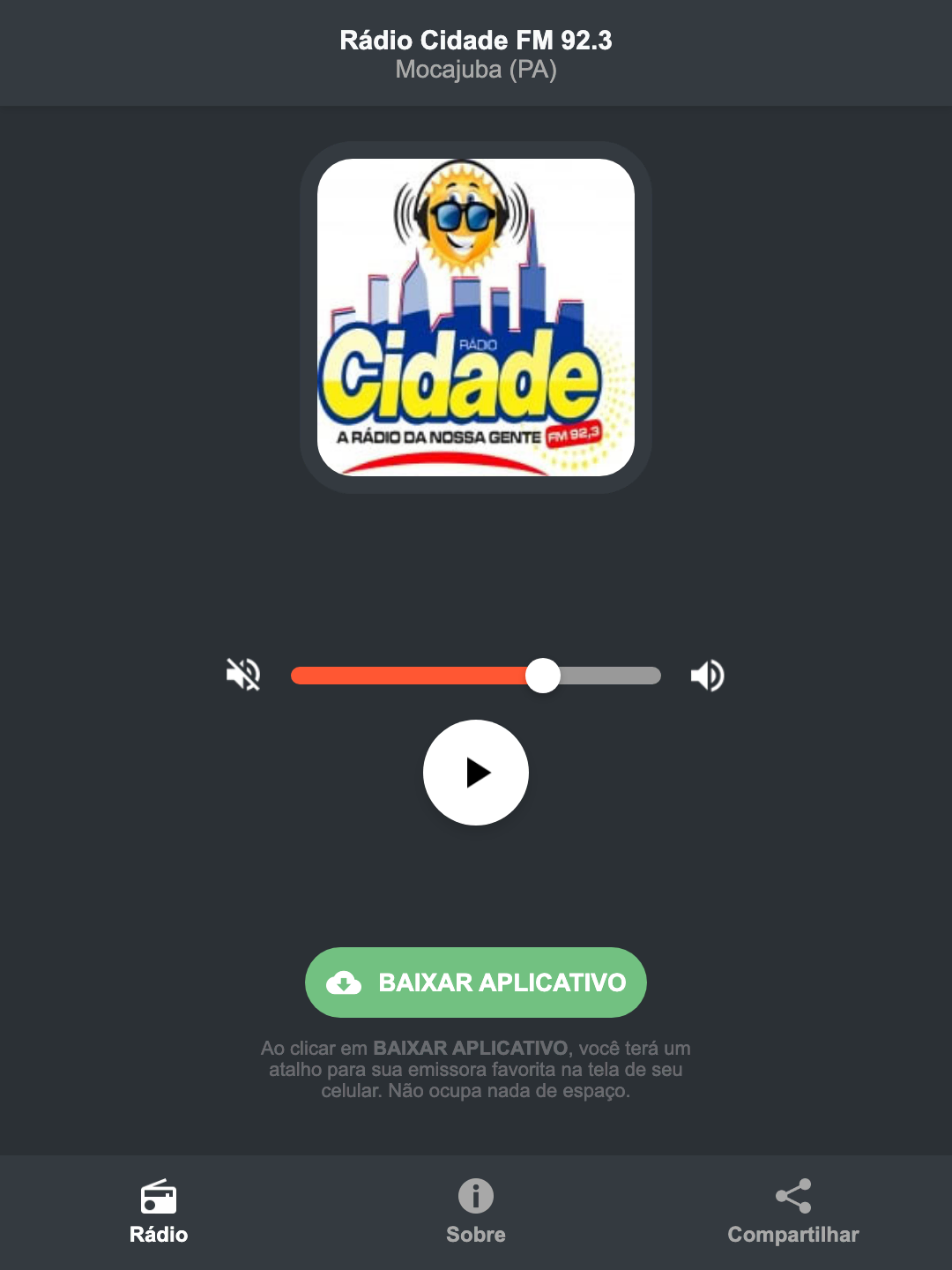 Screenshot do aplicativo da Rádio Cidade FM 92.3