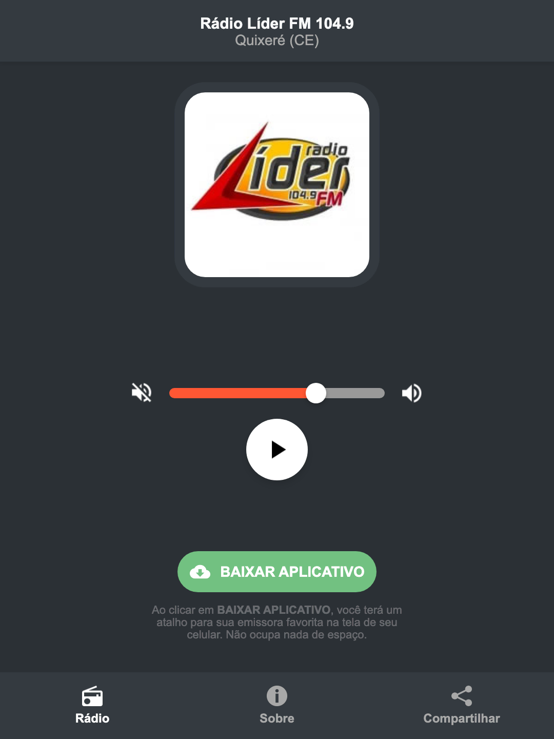 Screenshot do aplicativo da Rádio Líder FM 104.9