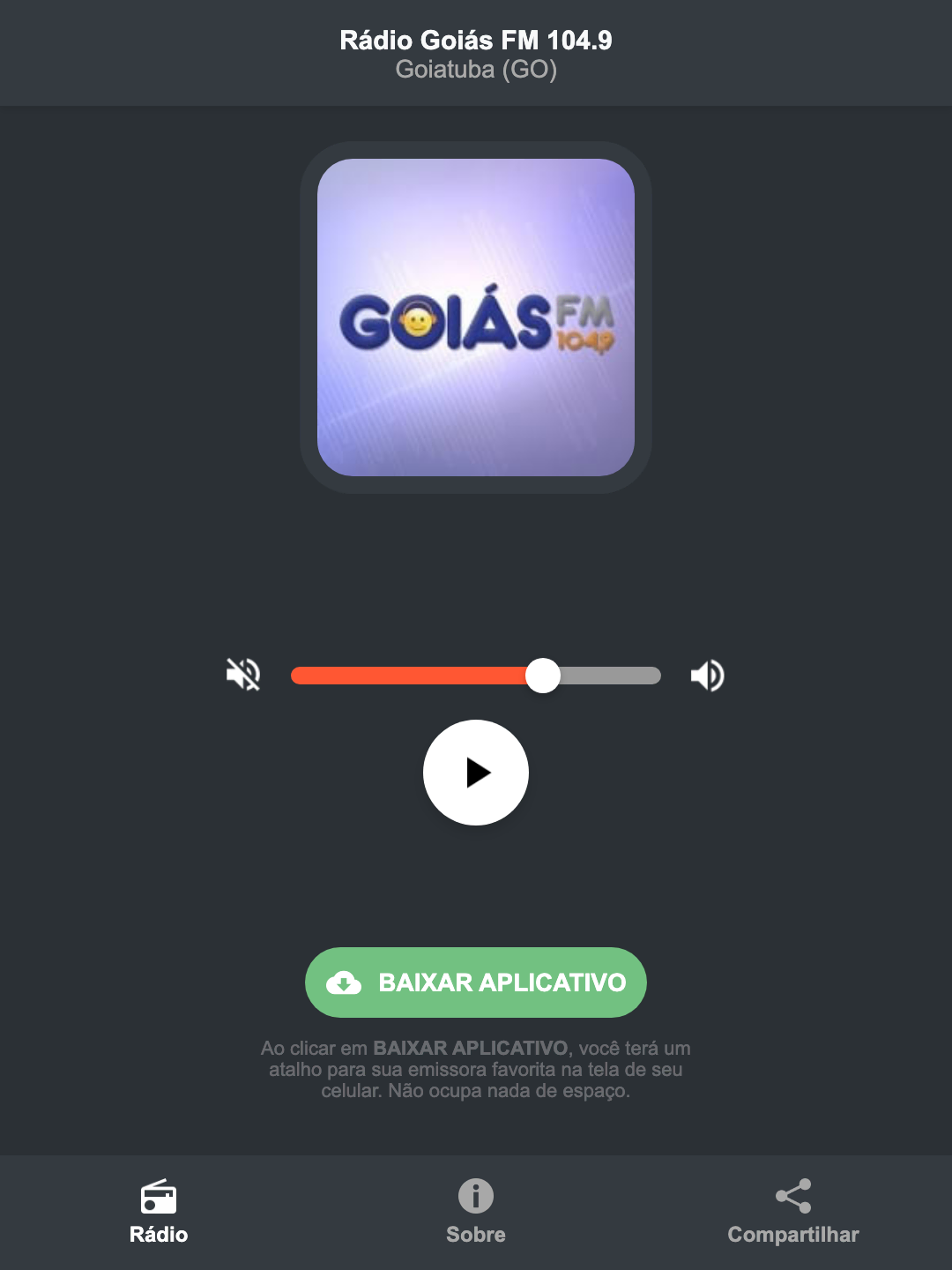 Screenshot do aplicativo da Rádio Goiás FM 104.9