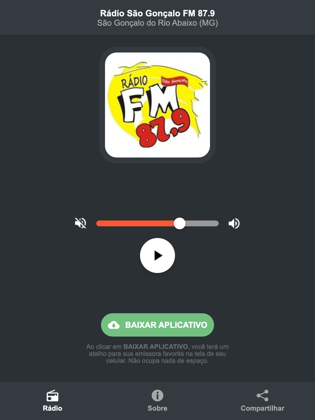 Screenshot do aplicativo da Rádio São Gonçalo FM 87.9