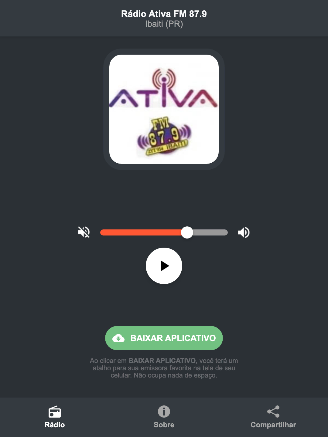 Screenshot do aplicativo da Rádio Ativa FM 87.9