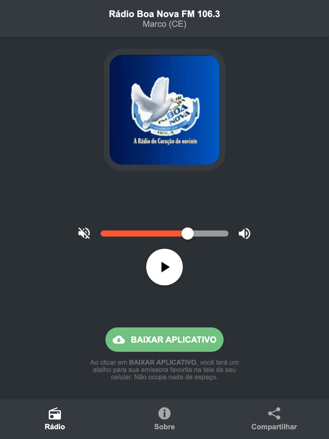 Screenshot do aplicativo da Rádio Boa Nova FM 106.3