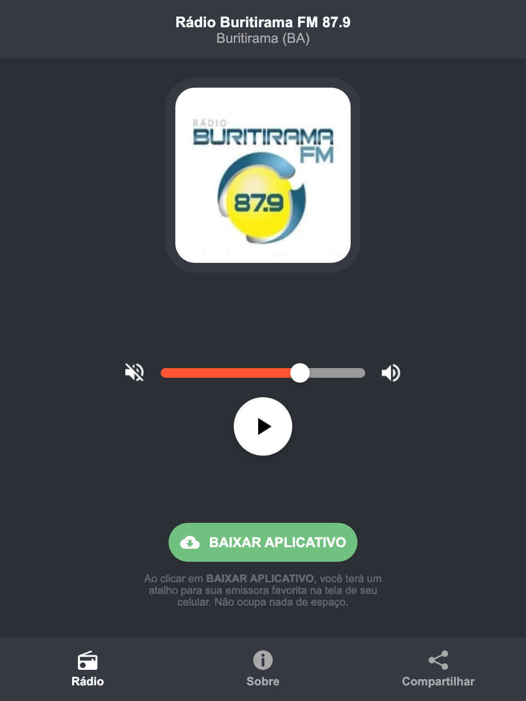 Screenshot do aplicativo da Rádio Buritirama FM 87.9