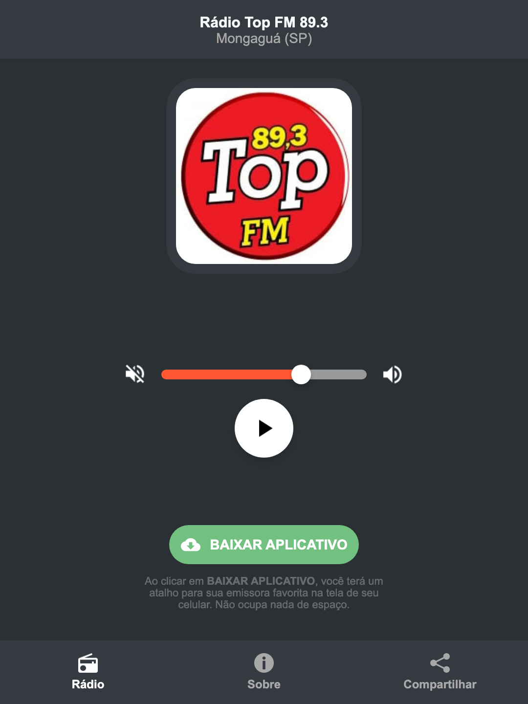 Screenshot do aplicativo da Rádio Top FM 89.3