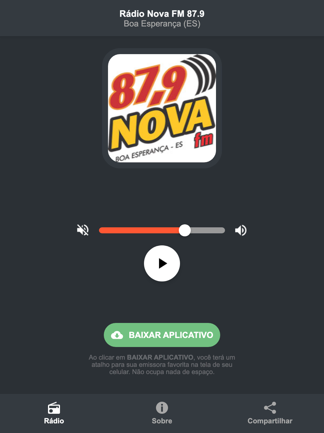 Screenshot do aplicativo da Rádio Nova FM 87.9