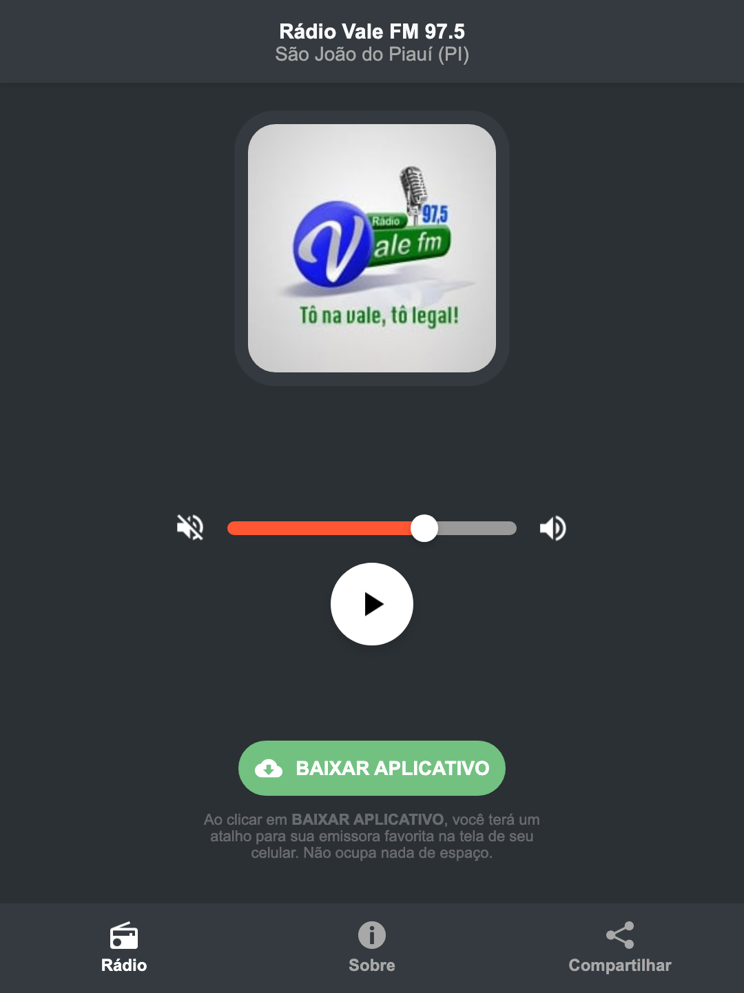 Screenshot do aplicativo da Rádio Vale FM 97.5
