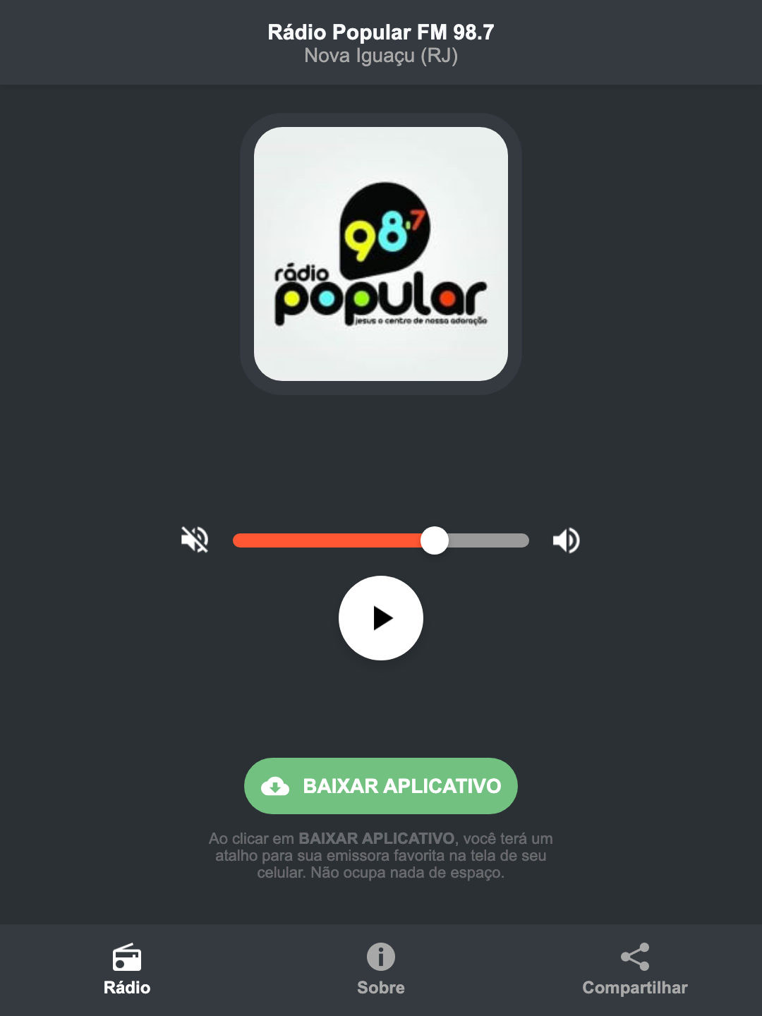 Screenshot do aplicativo da Rádio Popular FM 98.7