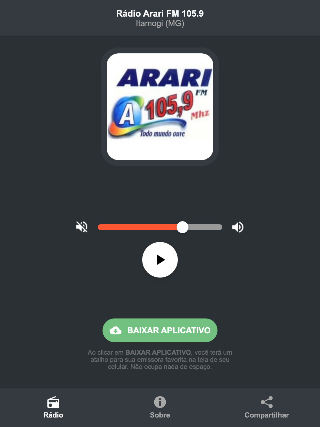 Screenshot do aplicativo da Rádio Arari FM 105.9