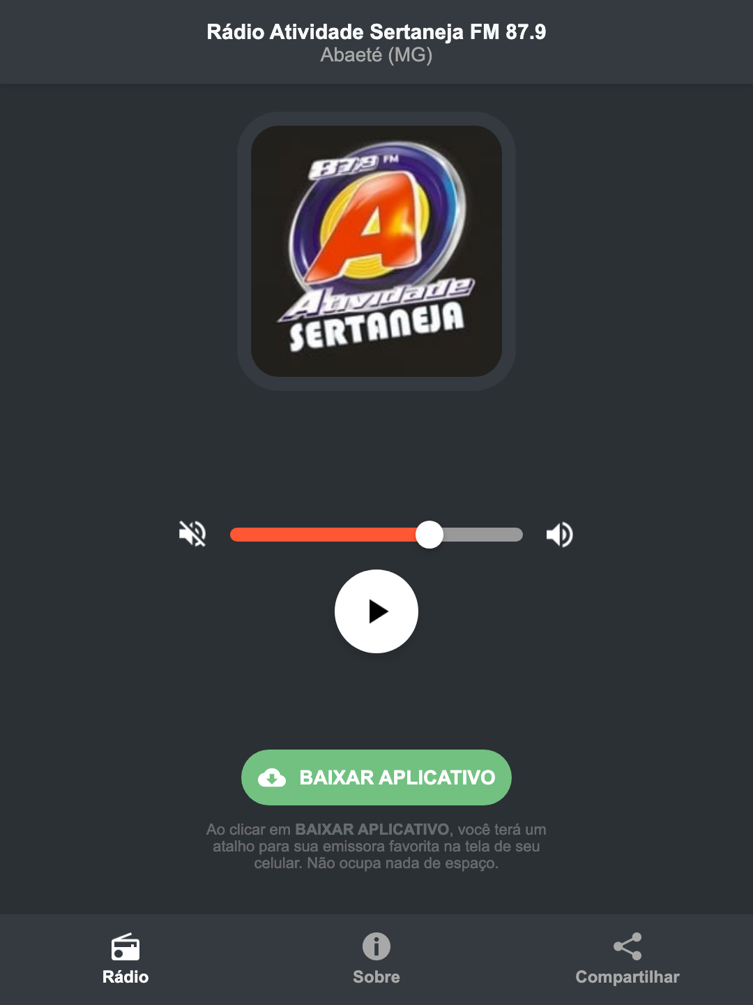 Screenshot do aplicativo da Rádio Atividade Sertaneja FM 87.9