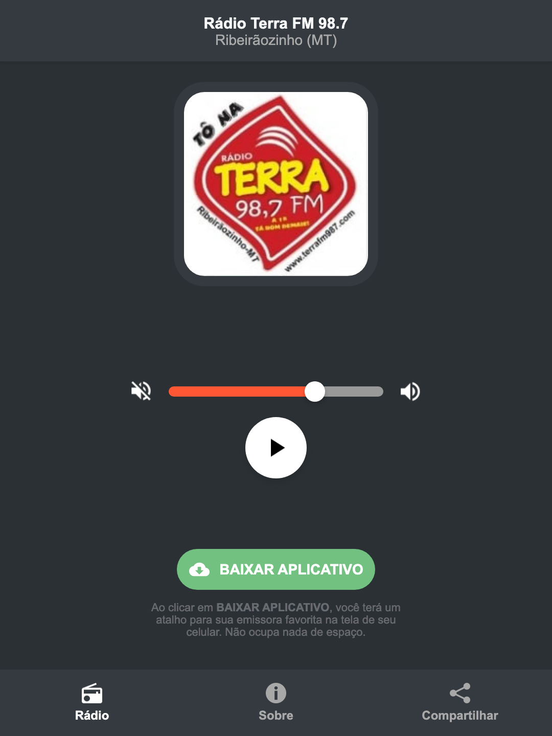 Screenshot do aplicativo da Rádio Terra FM 98.7