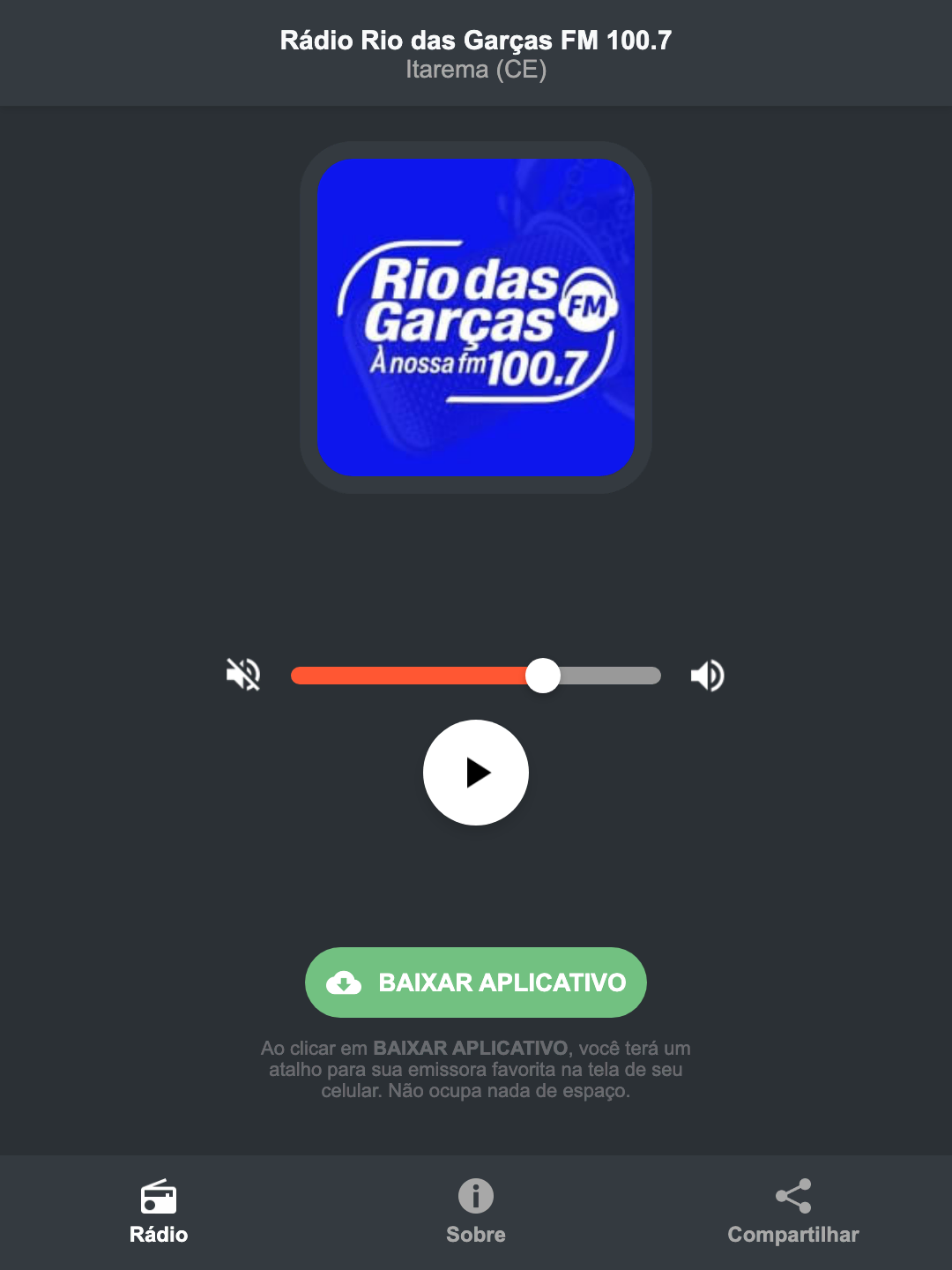 Screenshot do aplicativo da Rádio Rio das Garças FM 100.7