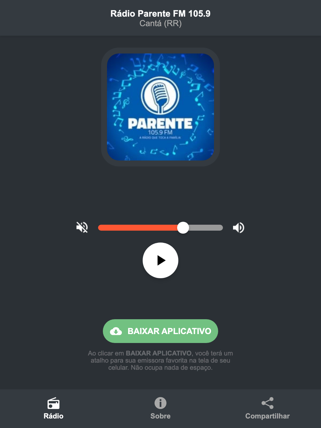 Screenshot do aplicativo da Rádio Parente FM 105.9
