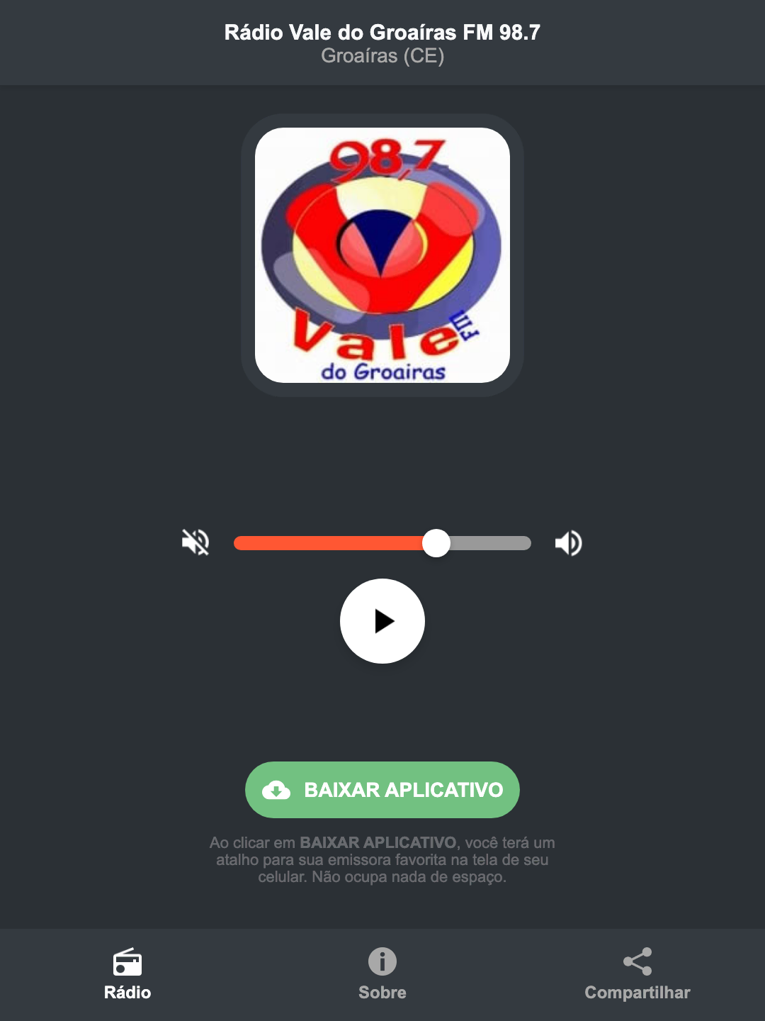 Screenshot do aplicativo da Rádio Vale do Groaíras FM 98.7