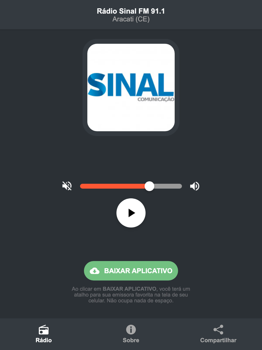 Screenshot do aplicativo da Rádio Sinal FM 91.1