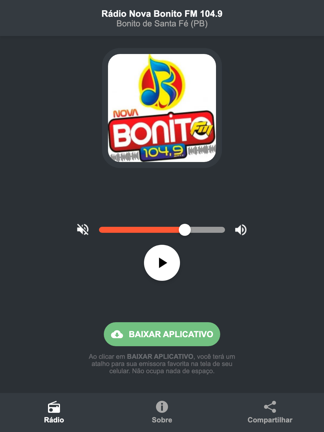 Screenshot do aplicativo da Rádio Nova Bonito FM 104.9