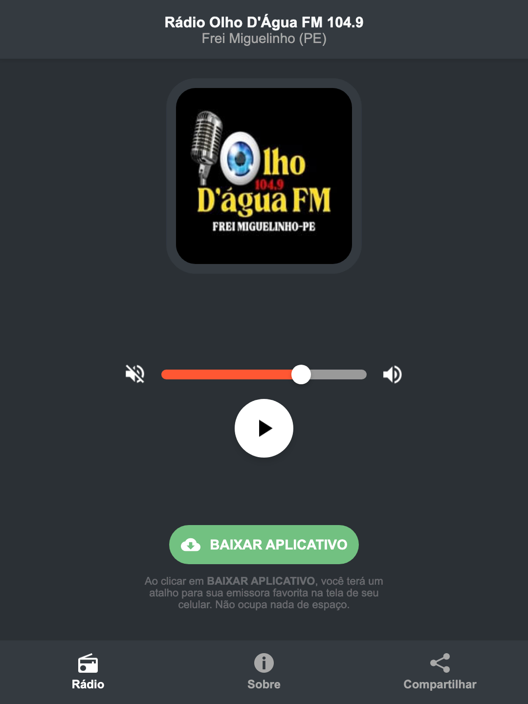 Screenshot do aplicativo da Rádio Olho D'Água FM 104.9