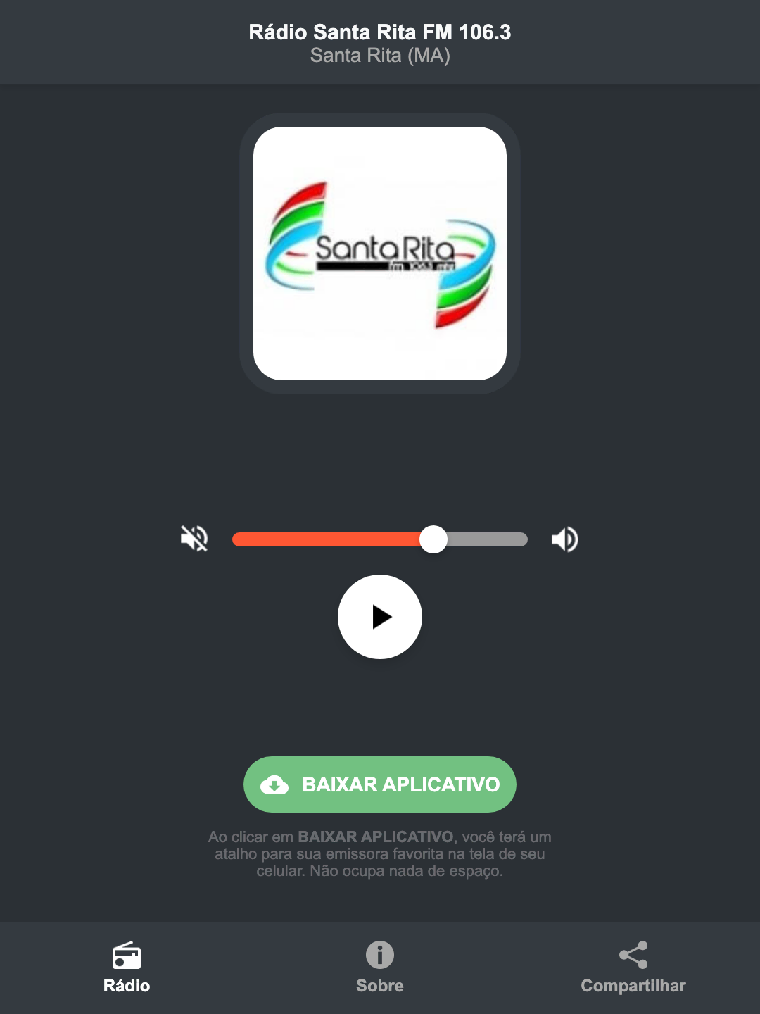 Screenshot do aplicativo da Rádio Santa Rita FM 106.3