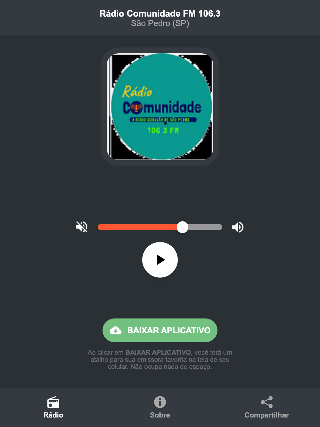 Screenshot do aplicativo da Rádio Comunidade FM 106.3