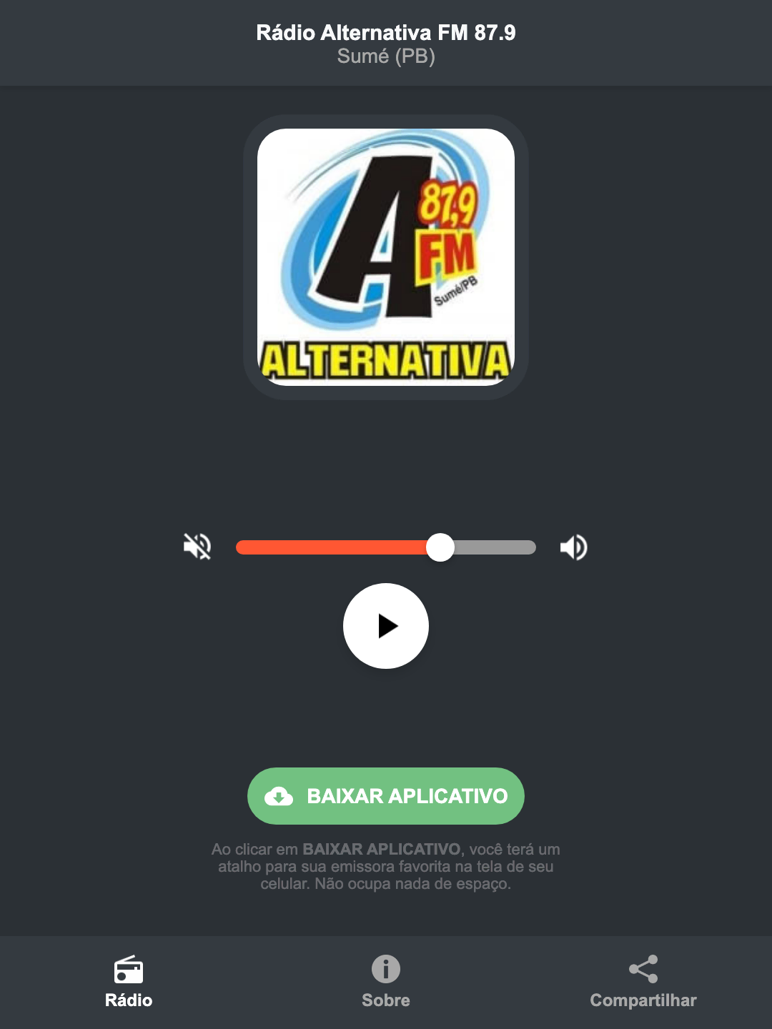 Screenshot do aplicativo da Rádio Alternativa FM 87.9