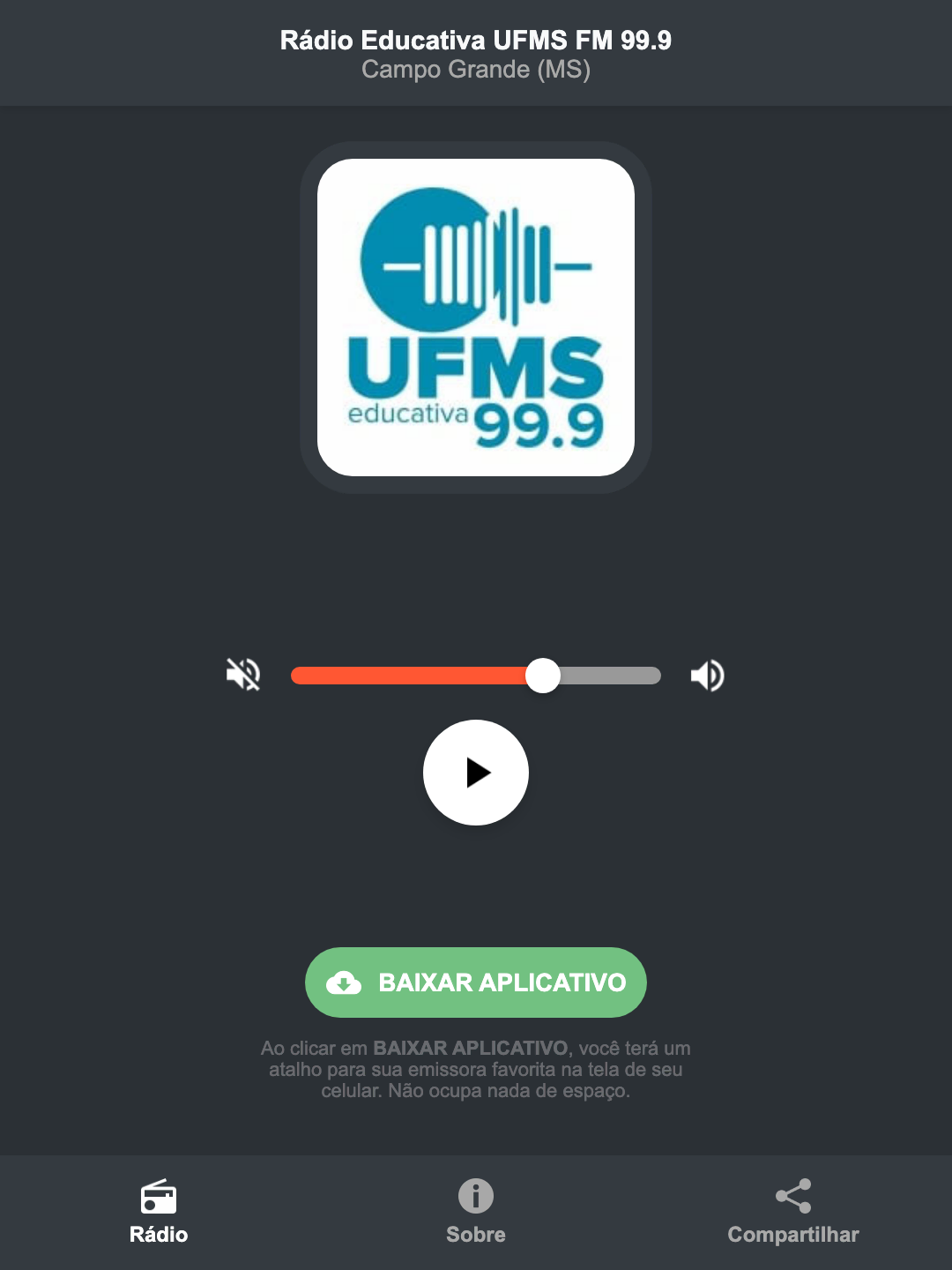 Screenshot do aplicativo da Rádio Educativa UFMS FM 99.9