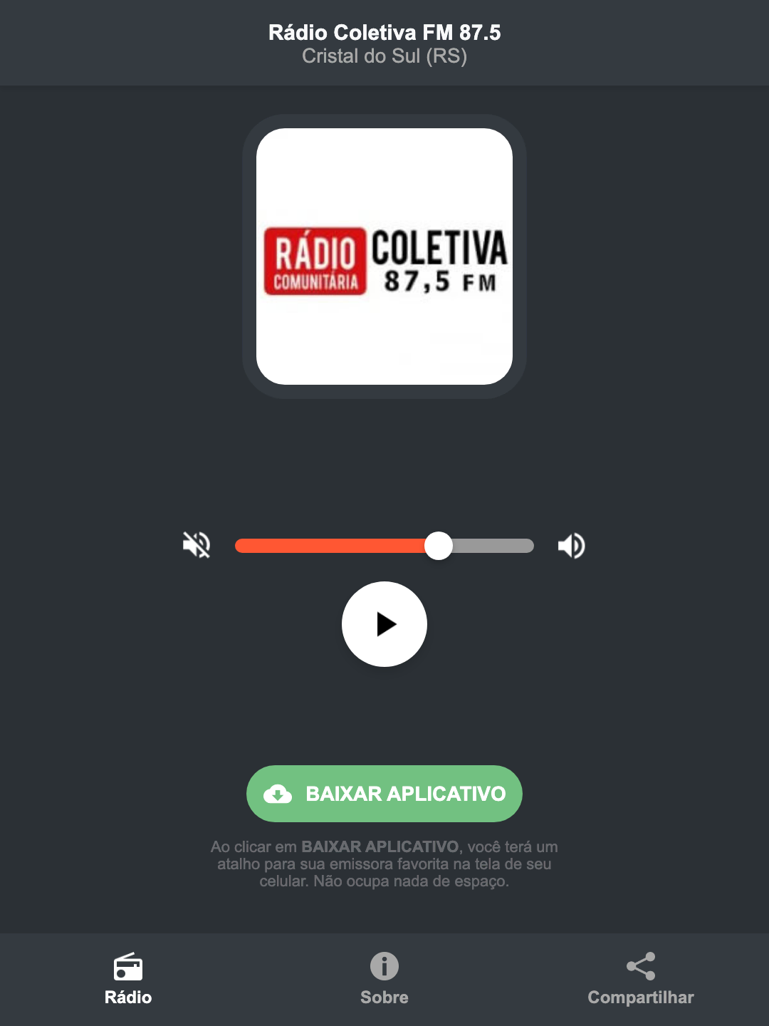 Screenshot do aplicativo da Rádio Coletiva FM 87.5