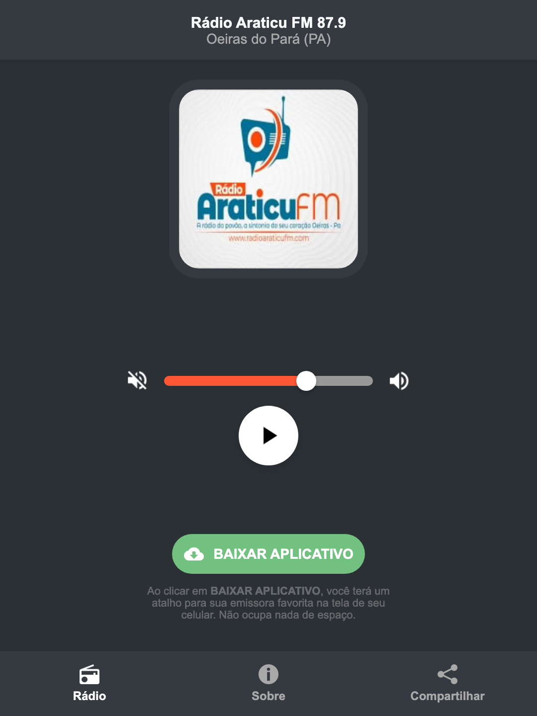 Screenshot do aplicativo da Rádio Araticu FM 87.9