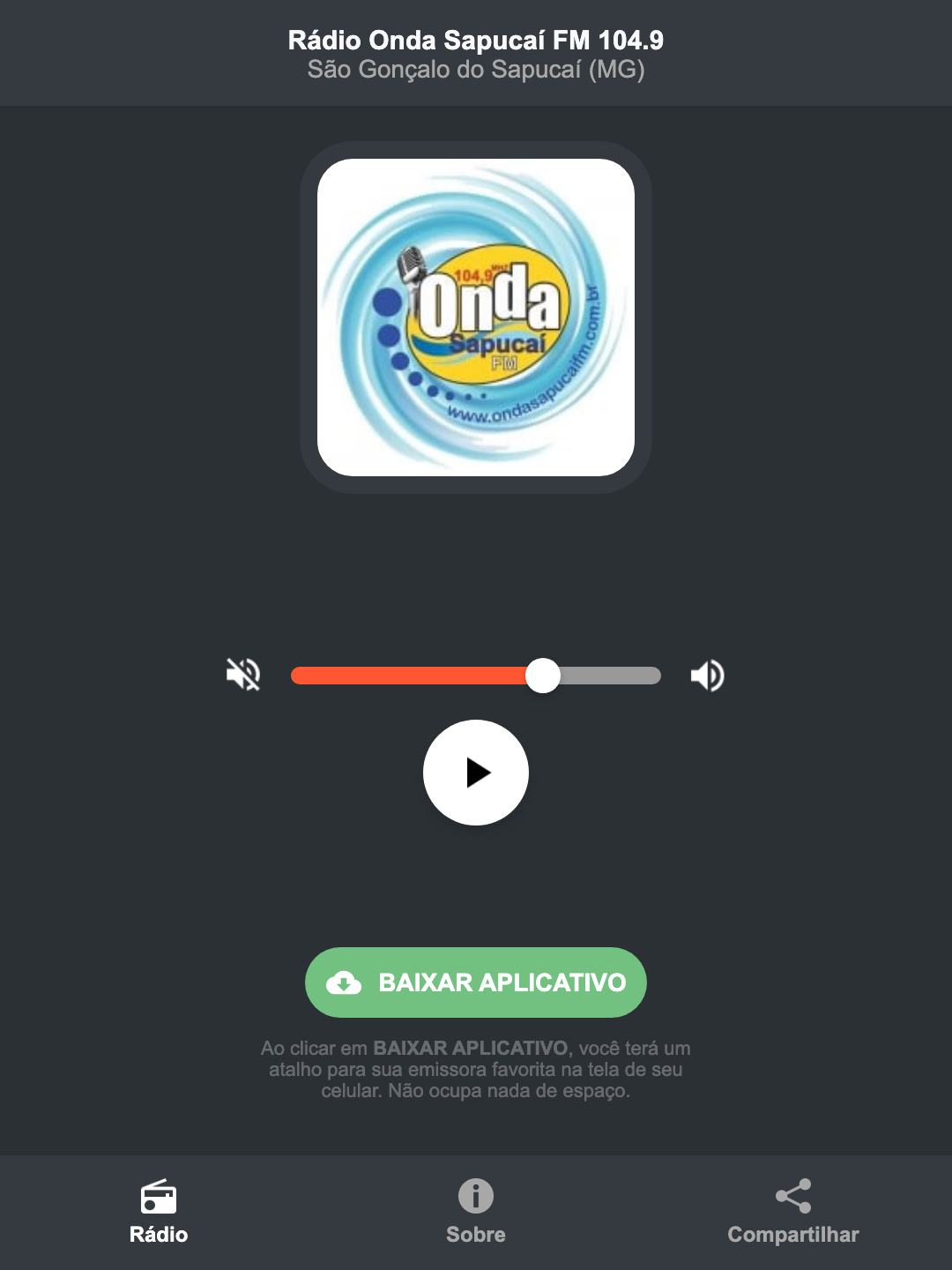 Screenshot do aplicativo da Rádio Onda Sapucaí FM 104.9