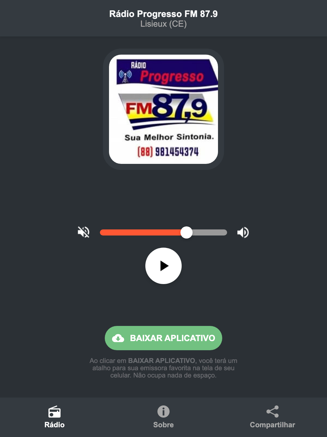 Screenshot do aplicativo da Rádio Progresso FM 87.9