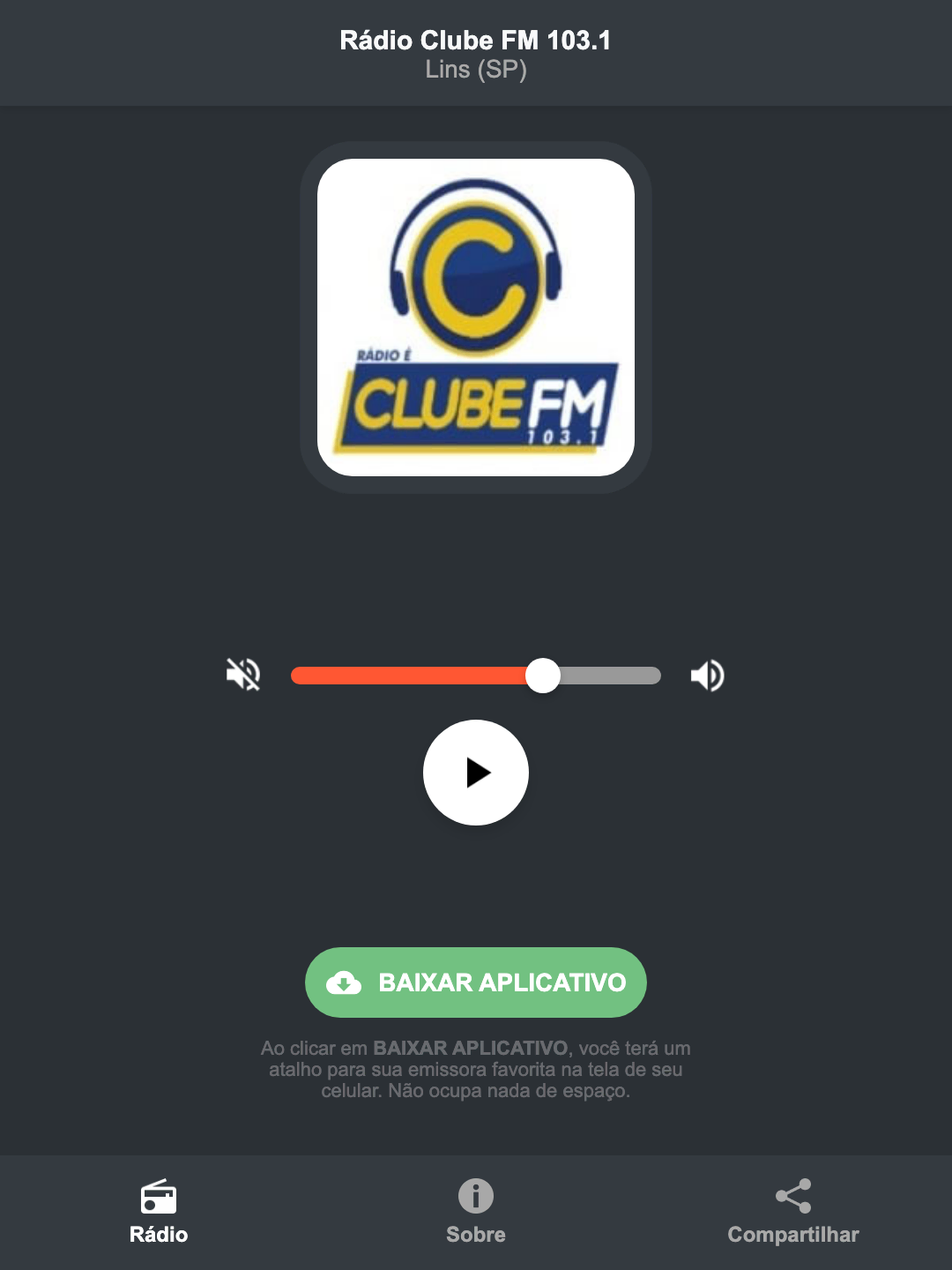Screenshot do aplicativo da Rádio Clube FM 103.1