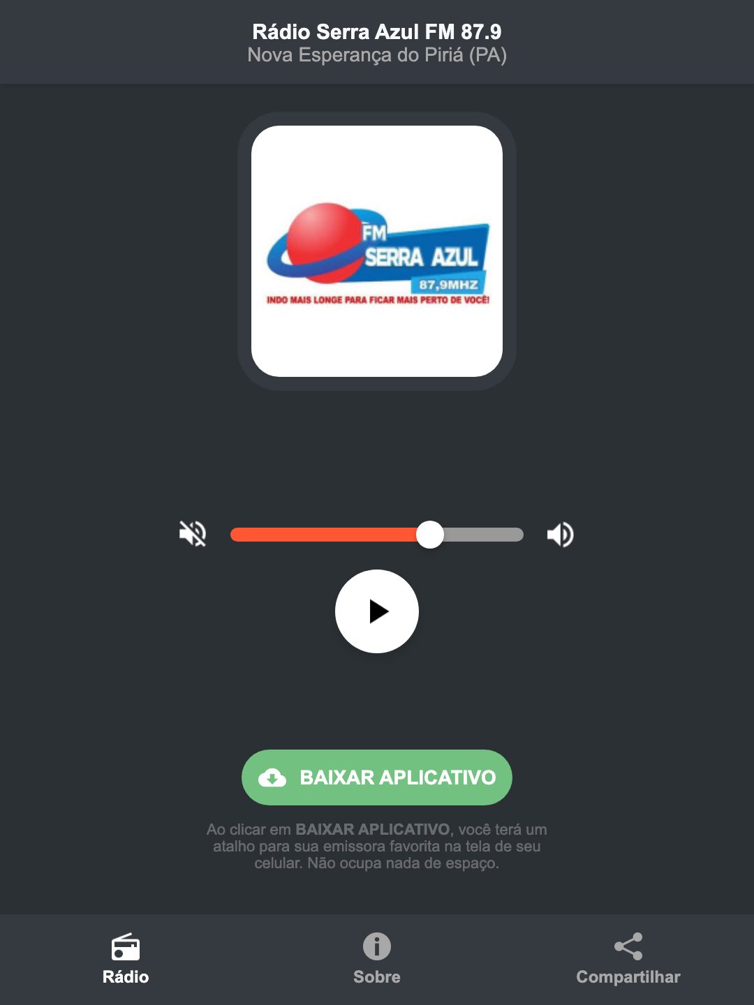 Screenshot do aplicativo da Rádio Serra Azul FM 87.9