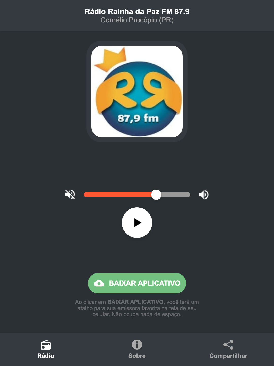 Screenshot do aplicativo da Rádio Rainha da Paz FM 87.9