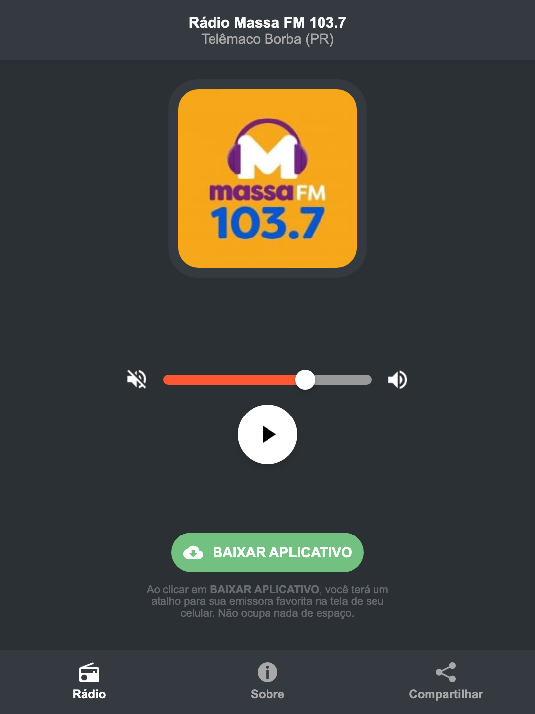 Screenshot do aplicativo da Rádio Massa FM 103.7