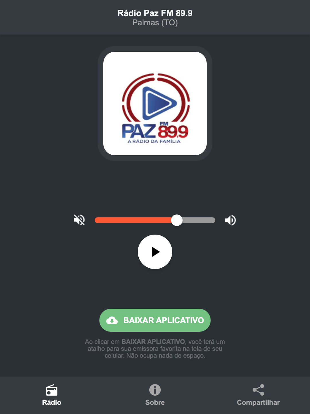 Screenshot do aplicativo da Rádio Paz FM 89.9