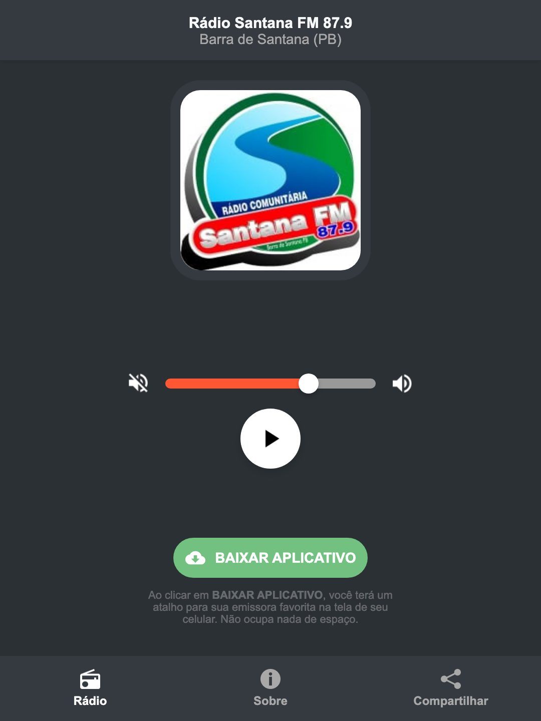 Screenshot do aplicativo da Rádio Santana FM 87.9