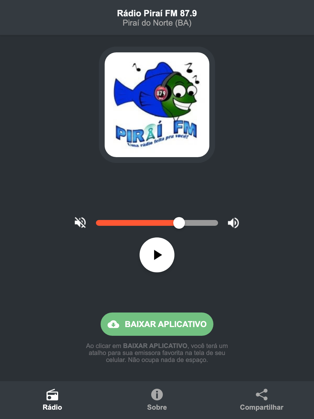 Screenshot do aplicativo da Rádio Piraí FM 87.9